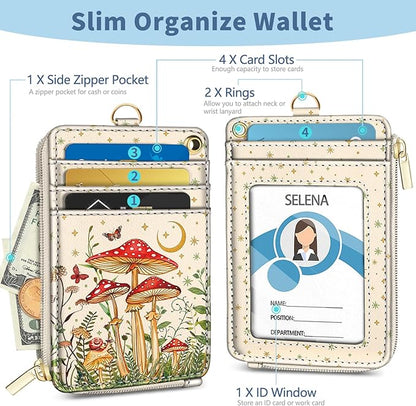 Lanyard Wallet with Id Badge Holder, Mushroom RFID Small Keychain Wallet Women Wristlet, Cute Zipper Credit Card Holder Phone Wrist Neck Strap for Key Name Tag, Teacher Student Office Gifts