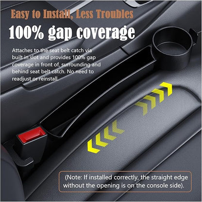 Dual Slot Car Seat Gap Organizer with Cup Holder, Universal Auto Gap Filler Strip 2 Pack with Seat Belt Holes, Carseat Side Gap Guard Spacer Accessories to Fill The Space Between Front Seat & Console