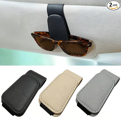 EldHus Sunglass Holder for Car Visor - 2 Pack Magnetic Car Glasses Holder Clip, Leather Eyeglass Holder for Car, Universal Vehicle Sunglasses Hanger Eyeglasses Mount, Black