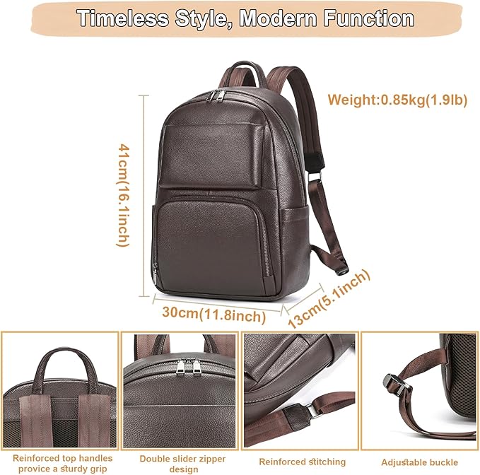 Genuine Leather 15.6 Inch Laptop Backpack for Men, Multi Pocket Casual Daypack Shoulder Bag for Business Travel Outdoor, Coffee