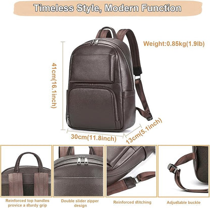 Genuine Leather 15.6 Inch Laptop Backpack for Men, Multi Pocket Casual Daypack Shoulder Bag for Business Travel Outdoor, Coffee