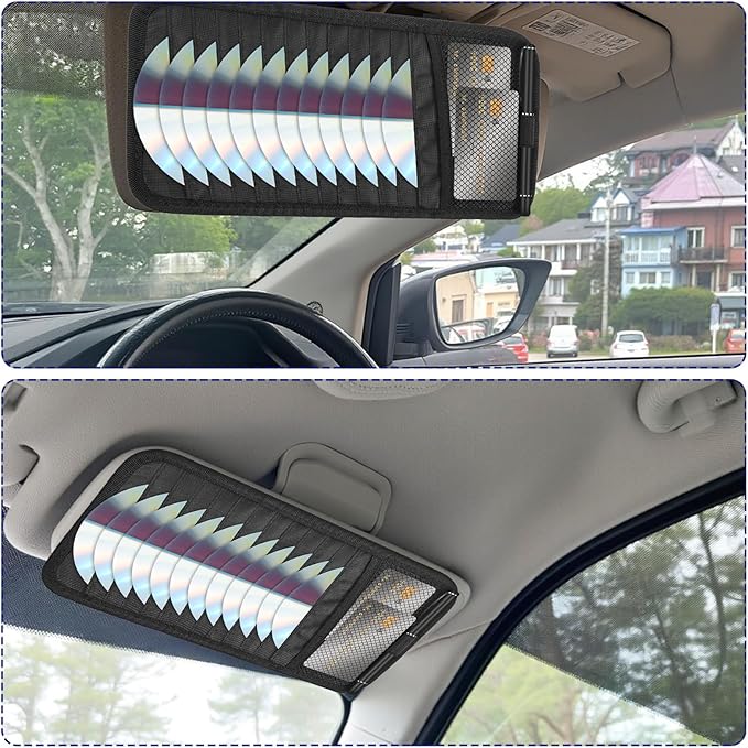 Car CD Holder DVD Vehicle Visor Storage Organizer Black Large Capacity CD Visor Case with 12 DVD Storage Sleeves, 1 Mesh Pocket, 1 Pen Loop & Elastic Strap