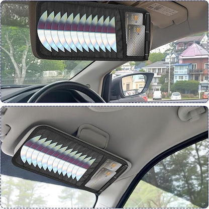 Car CD Holder DVD Vehicle Visor Storage Organizer Black Large Capacity CD Visor Case with 12 DVD Storage Sleeves, 1 Mesh Pocket, 1 Pen Loop & Elastic Strap