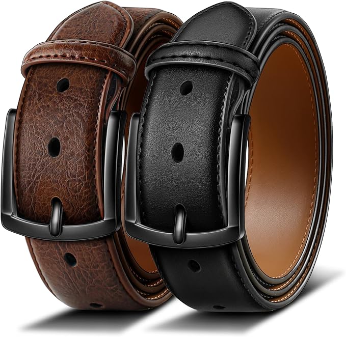 BULLIANT Men Belt 2Pack-Leather Belt 7Holes Comfortable For Men's Dress Casual Jeans 1 3/8"