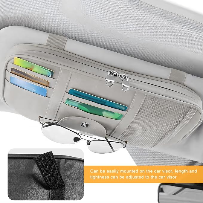 Car Sun Visor Organizer, Multi-Pocket Leather Auto Storage Pouch with Glasses Clip & Zippers, Multifunctional Sun Visor Storage Bag Ticket Organizer for Cars Trucks SUVs (Gray)