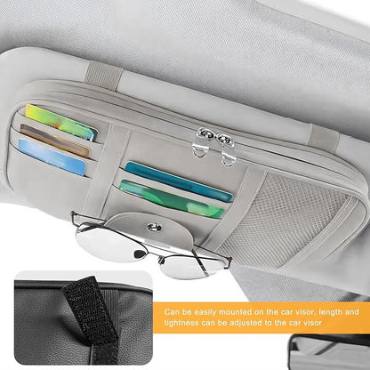 Car Sun Visor Organizer, Multi-Pocket Leather Auto Storage Pouch with Glasses Clip & Zippers, Multifunctional Sun Visor Storage Bag Ticket Organizer for Cars Trucks SUVs (Gray)