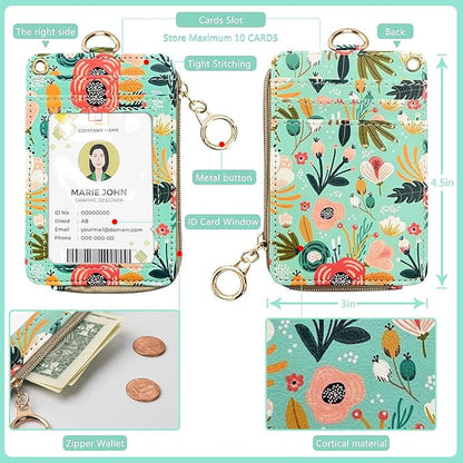 bolimoss Floral Lanyard Wallet, Cute Teacher Lanyards for ID Badges Keychain Wallet,Badge Holder with Zip Pocket, ID Holder Wallet with Neck Wrist Lanyard for Women Nurse Teacher Student (Green)