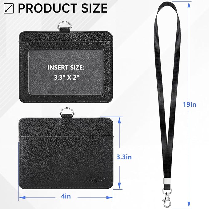 Teskyer Badge Holder with Lanyard, Leather ID Name Badge Card Holder with Lanyard for ID Badges, Horizontal, Lychee Pattern Black