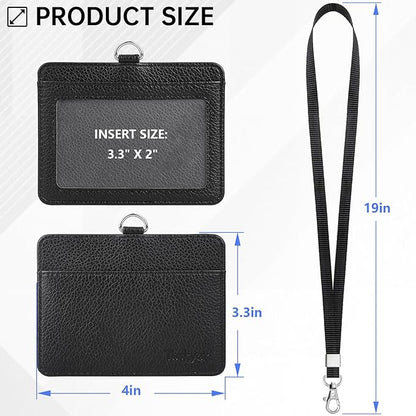 Teskyer Badge Holder with Lanyard, Leather ID Name Badge Card Holder with Lanyard for ID Badges, Horizontal, Lychee Pattern Black