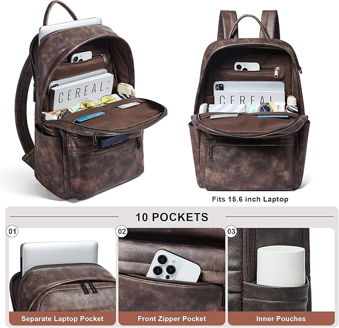Vegan Leather Backpack for Women and Men, Fits 16.0 Inch Laptop, Multi-Pocket Design with Water Bottle and Luggage Strap, Ideal for Work, Travel, and Daily Use, Coffee