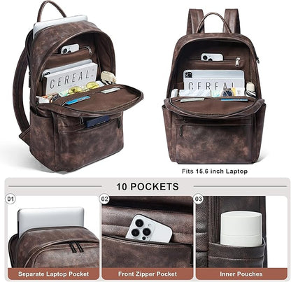 Vegan Leather Backpack for Women and Men, Fits 16.0 Inch Laptop, Multi-Pocket Design with Water Bottle and Luggage Strap, Ideal for Work, Travel, and Daily Use, Coffee