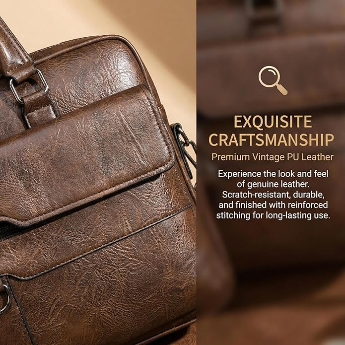 Men's Leather Laptop Bag 15 IN, Water-Resistant Briefcase Messenger Bag for Work, Business, Shoulder Crossbody Office Satchel