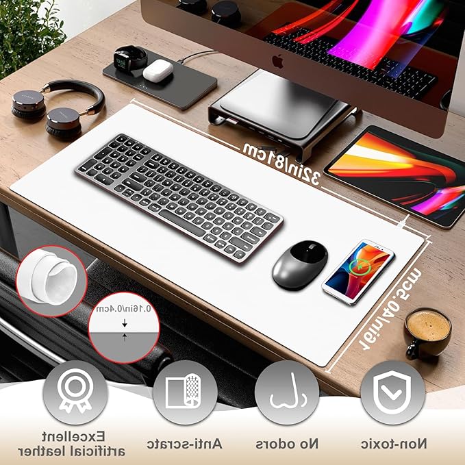 Desk Mat with Wireless Charging, White Mouse Pad with Wireless Charger, Desk Pad Matt for Desktop, Mousepad Gaming Large Mouse Pad, Leather Compute for Keyboard and Mouse, 32" x 16"