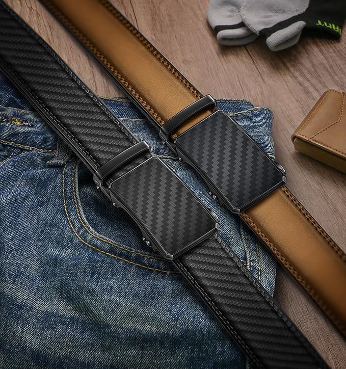 KEMISANT Men Belt 2 Pack, Leather Ratchet Belt Easy Click Slide For Men 1 3/8",Cut for Fit