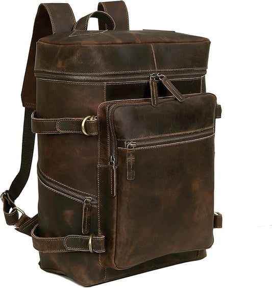 HLC Leather Backpack Genuine Laptop Rucksack For Men Women Genuine Large Capacity Business Retro Travel Camping Daypack Bag (Brown)