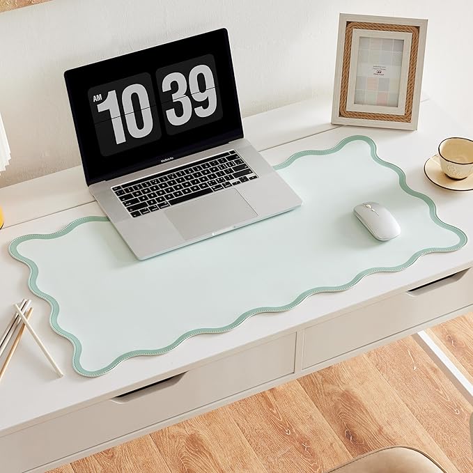 Ralxion Sage Green Scalloped Desk Mat, 31.5" x 15.7", PU Leather, Waterproof Anti-Slip, Cute Aesthetic Desk Pad for Office/Home/Game/Vanity Large