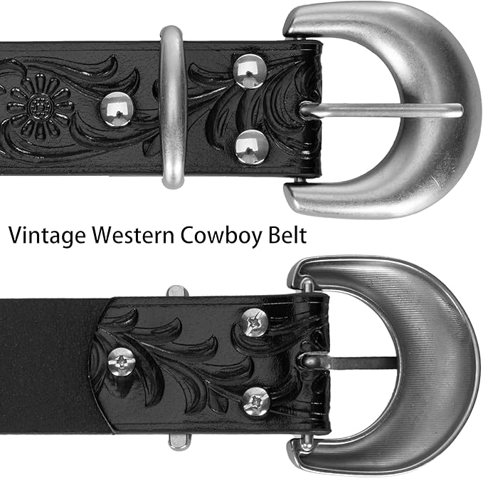 Mealah Vintage Western-Cowboy-Belt for Women Men - Carved Buckle PU Leather Waist Belts (for Waist 28"-38")