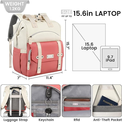 FALANKO Laptop Backpack for Women,Teacher Doctor Nurse Work Purse Bag for 15.6 Inch Laptop, Wide Open backpack With RFID Pocket, Large Water Resistant Travel Backpack White-Pink