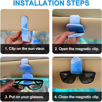 LTOHOE 1 Pack Sunglass Holder for Car, Magnetic Leather Sunglasses Holder and Ticket Card Clip, Universal for Different Size Glasses, Car Visor Accessories(Colorful Painting)