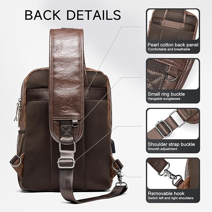 MOYYI EDC Crossbody Bag for Men Leather Sling Bag, Tactical Chest Bag with USB Charging Port, 7L Small Casual Daypacks for Travel