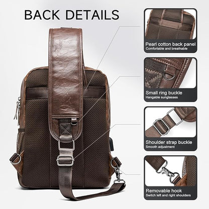 MOYYI EDC Crossbody Bag for Men Leather Sling Bag, Tactical Chest Bag with USB Charging Port, 7L Small Casual Daypacks for Travel