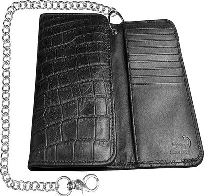 IBRO VINTAGE Motorcycle Chain Wallet for Men – Premium Cowhide Leather, RFID Tri-Fold Biker Wallet with Heavy Duty Chain for Bikers Truckers & Hunters, Credit Card Money Organizer Long Wallet | Long Trifold, RFID Blocking, Men's, Trucker Biker
