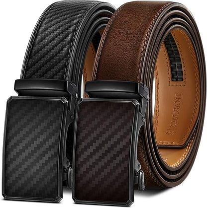 KEMISANT Men Belt 2 Pack, Leather Ratchet Belt Easy Click Slide For Men 1 3/8",Cut for Fit