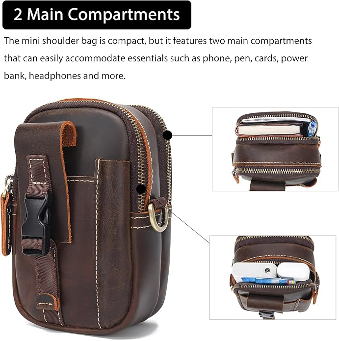 LANNSYNE Small Leather Messenger Bag, 3-in-1 Crossbody Shoulder Bag & Waist Belt Pouch, Sling Purse for Travel Business