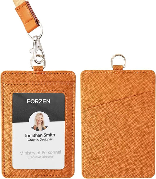 Badge Holders,Leather ID Badge Holder,Vertical Leather ID Badge Card Holder with 1 Clear ID Window and 1 Detachable Neck Lanyard for Offices ID,School ID (Brown)