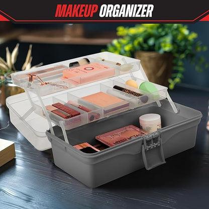 Stalwart - 14” Plastic Tackle Box Organizer - 3-Layer Portable Sewing Box, Art Caddy, Craft Storage, First Aid Medicine Utility Toolbox or Hair Accessories Organizer with Latch and Handle (Gray)