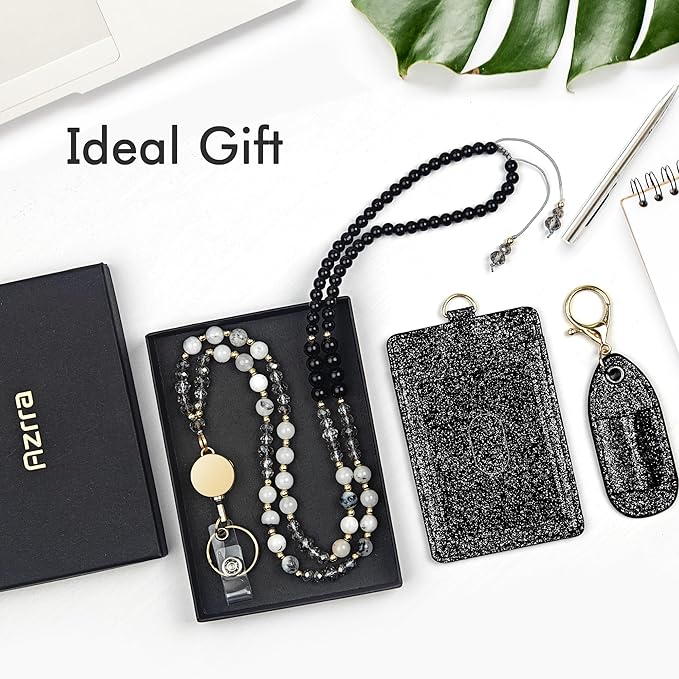 Azrra Lanyards for ID Badges and Keys, Natural Stone Beaded Teacher Lanyard with Bling ID Badge Holder and Pen Holder, Cute Retractable Badge Lanyard for Women (Black)