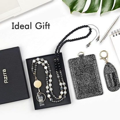 Azrra Lanyards for ID Badges and Keys, Natural Stone Beaded Teacher Lanyard with Bling ID Badge Holder and Pen Holder, Cute Retractable Badge Lanyard for Women (Black)