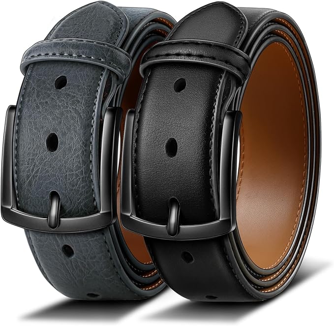 BULLIANT Men Belt 2Pack-Leather Belt 7Holes Comfortable For Men's Dress Casual Jeans 1 3/8"
