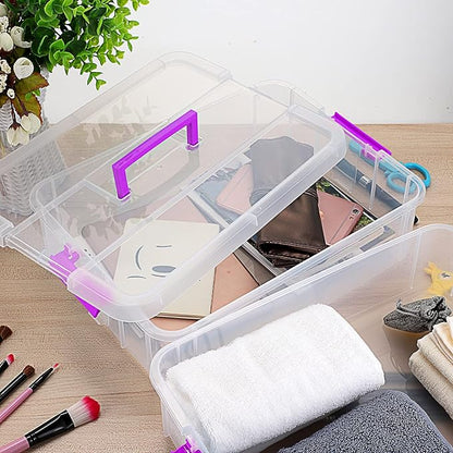 BTSKY 2 Layer Stack & Carry Box, Plastic Multipurpose Portable Storage Container Box Handled Organizer Storage Box for Organizing Stationery, Sewing, Art Craft, Jewelry and Beauty Supplies(Purple)