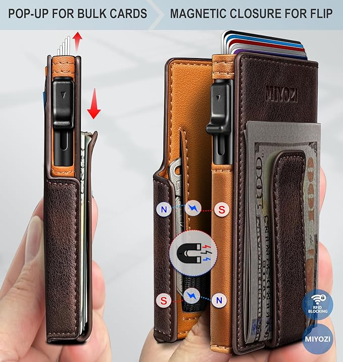 miyozi Wallet for Men, Magnetic Minimalist Slim Wallet with Pop Up Card Holder, 9 Cards RFID Blocking Metal Credit Card Case, Leather Wrapped Money Clip, ID Window & Small Item Slot, Gift Boxed