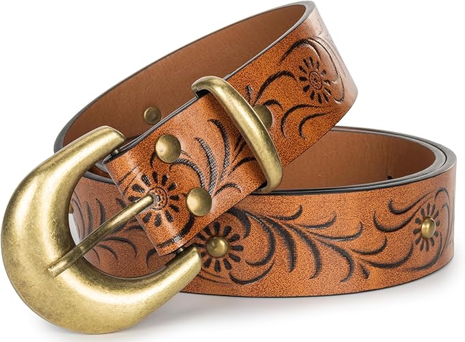 Mealah Vintage Western-Cowboy-Belt for Women Men - Carved Buckle PU Leather Waist Belts (for Waist 28"-38")