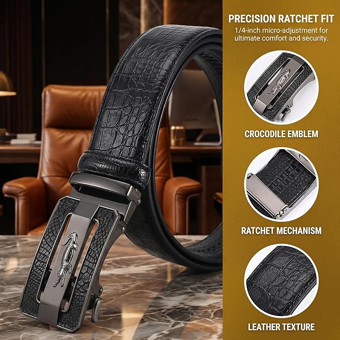 Luxury Crocodile Pattern Leather Belt with Automatic Buckle, Black and Brown, Gold and Gunmetal Buckle, Ratchet Design