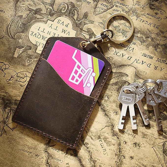 Badge Holder Vertical Handmade Leather ID Card Badge Holder Keychain with Heavy Duty Lanyard for Men Women (Coffee Leather)
