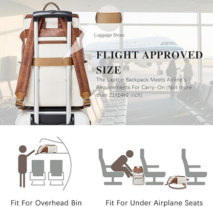 Leather Laptop Backpack for Women, 15.6 Inch Travel Backpack with Laptop Compartment, Casual Daypack Fashion Travel Backpack Purse for Travel College Work, Beige Brown