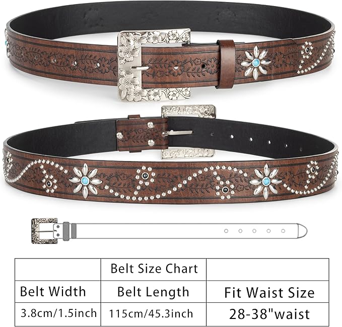 INOGIH Adjustable-Vintage-Western-Cowboy-Belt Women Men - Cowboy-Style Engraved-Buckle Belt for Jeans Pants Dresses