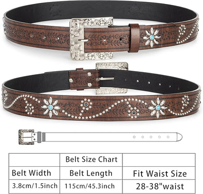 INOGIH Adjustable-Vintage-Western-Cowboy-Belt Women Men - Cowboy-Style Engraved-Buckle Belt for Jeans Pants Dresses