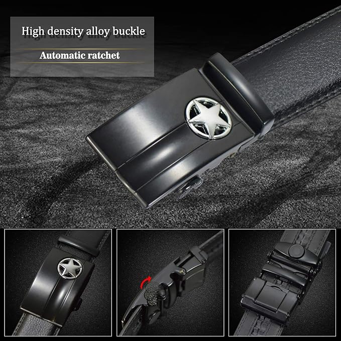 JINIU Men's Ratchet Belt Buckle, Black Genuine Leather Slide Belt for Men Dress Suit, Micro Adjustable Trim to Fit Boxed