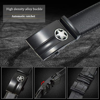JINIU Men's Ratchet Belt Buckle, Black Genuine Leather Slide Belt for Men Dress Suit, Micro Adjustable Trim to Fit Boxed