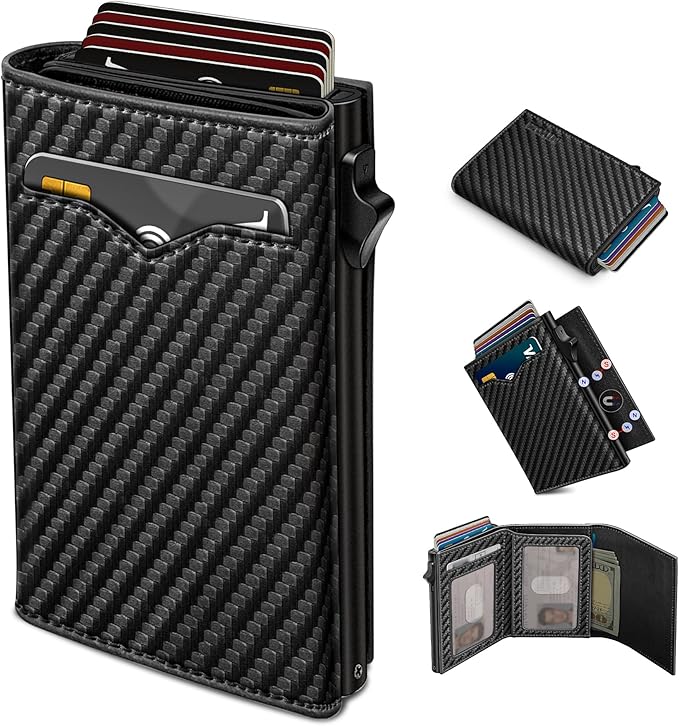 miyozi Wallet for Men,with Cash Pocket 2 ID Window 9-13 Cards,Metal Case Smart Slim Pop Up Credit Card Holder Flip with Magnetic Closure RFID Blocking Trifold wallet with Gift Box