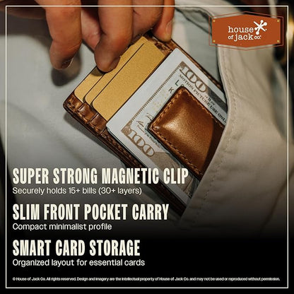 House of Jack Co. Carryall Slim Money Clip Wallet for Men, Super Strong Magnetic Clip, Front Pocket Wallet Card Holder, Full Grain Cowhide Leather, Tan
