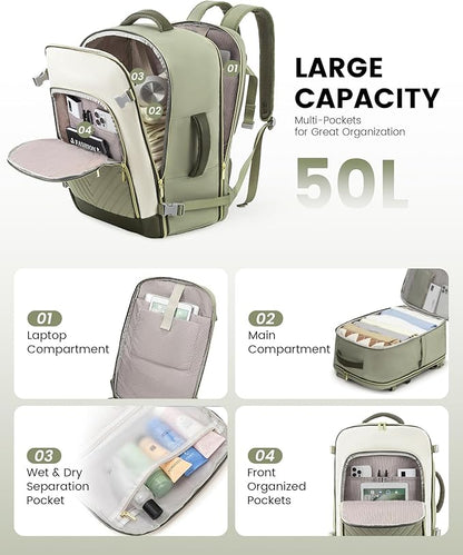 LOVEVOOK Large Travel Backpack for Women, TSA Carry on Backpack for Airplanes, 50L Personal Item Travel Bag for Women fits 17" Laptop,Waterproof Carry on Bag Airplane Approved with 3 Packing Cubes