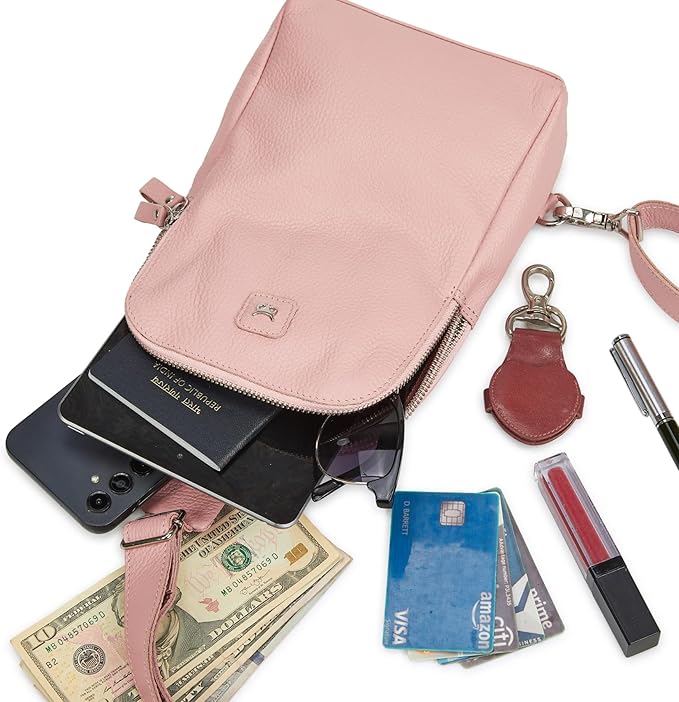 Leather Sling Bag for Women Genuine Crossbody Purse Small Trendy Cross Over Chest with Phone and Credit Card Slots (Baby Pink Nappa)