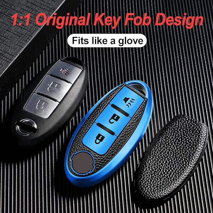 Montague Key Fob Cover for Nissan with Keychain Accessories, Premium TPU Full Protection Key Case for Pathfinder Rogue Kicks Murano Frontier Armada Versa Juke Titan Smart Key Shells (3-Buttons, Blue)