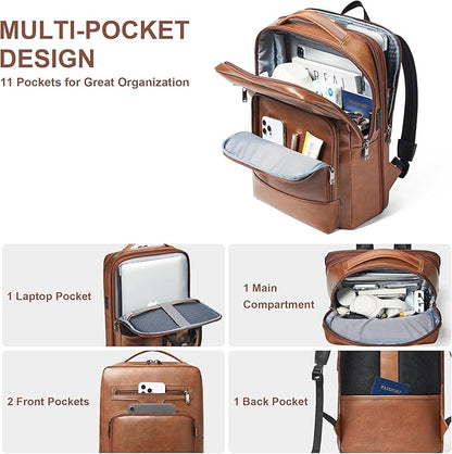 Shrrie Leather Laptop Backpack for Women and Men,28 L Travel Backpack Computer Bag Fits 16 inch Laptop,Expandable Casual Daypack with USB Port for Work Business Weekender College,Brown