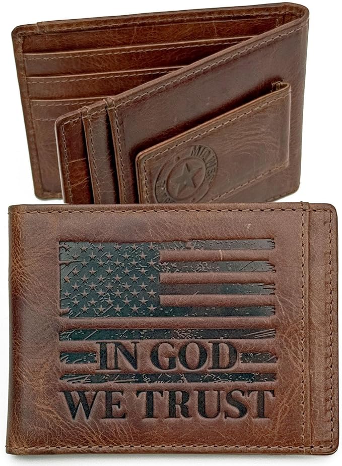 MID WEST RANGE Bifold Money Clip Wallet for Men – Slim Front Pocket Leather Wallet with Metal Clip, Patriotic USA Flag Design, IN GOD WE TRUST, Compact Everyday Carry